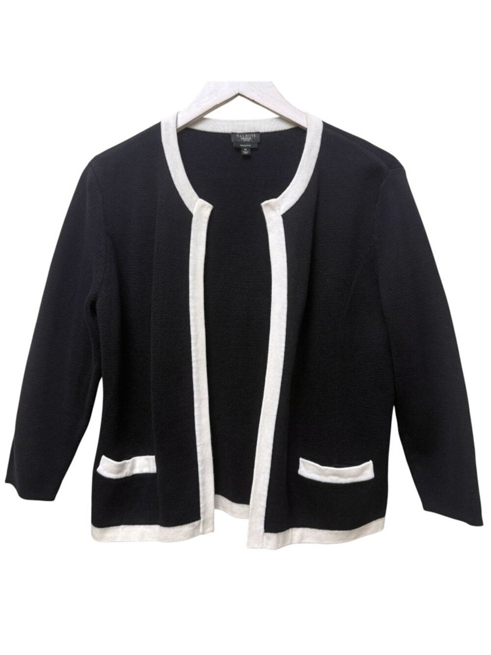TALBOTS Cardigan Womens Medium Petite Black White Open Front Pima Cotton